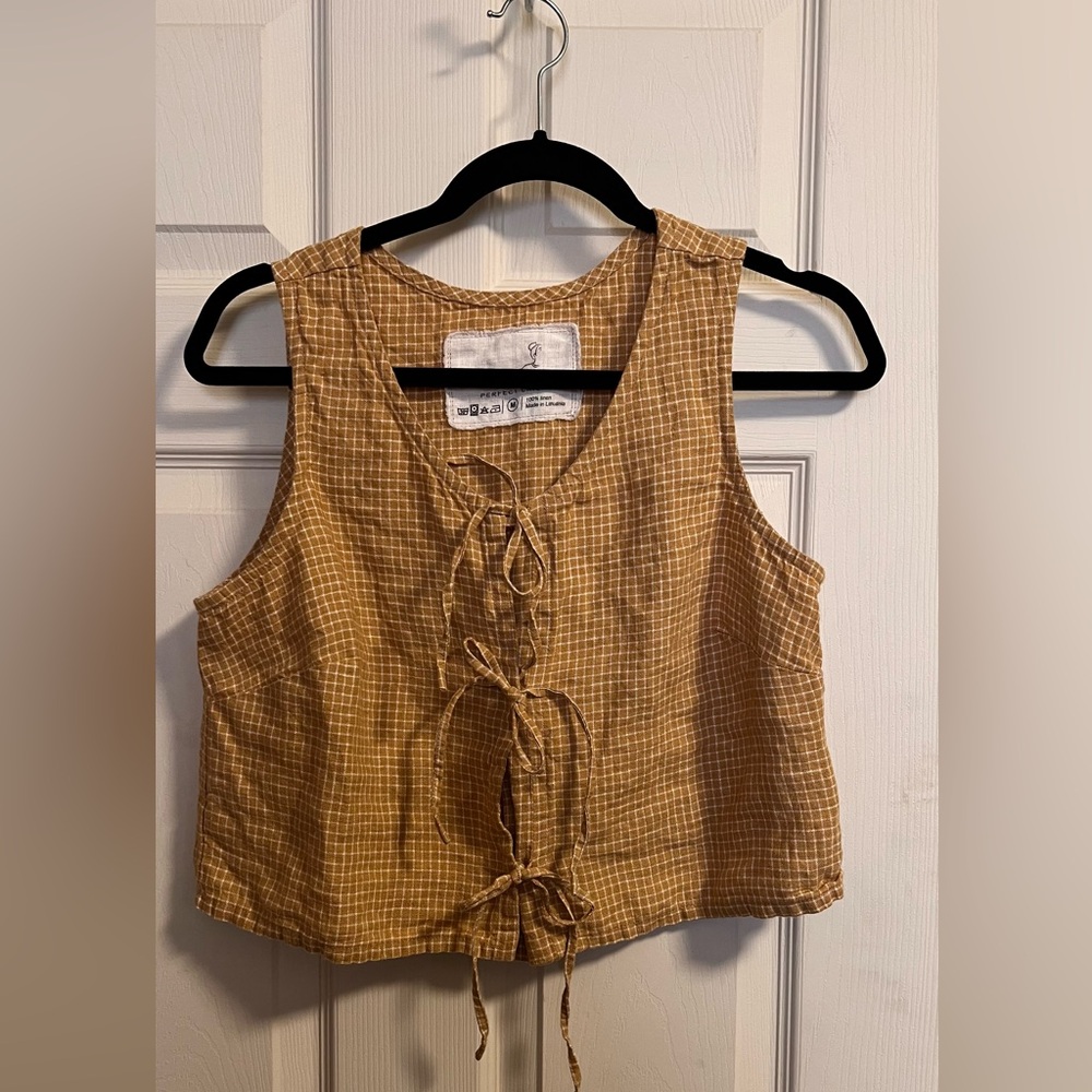 Notperfectlinen Mijas Bow Tie blouse size M Amber Checks